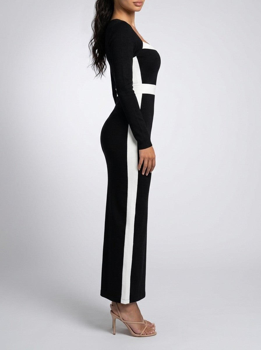 Women's Long Sleeve Colour Block Mermaid Maxi Dress with Square Neck