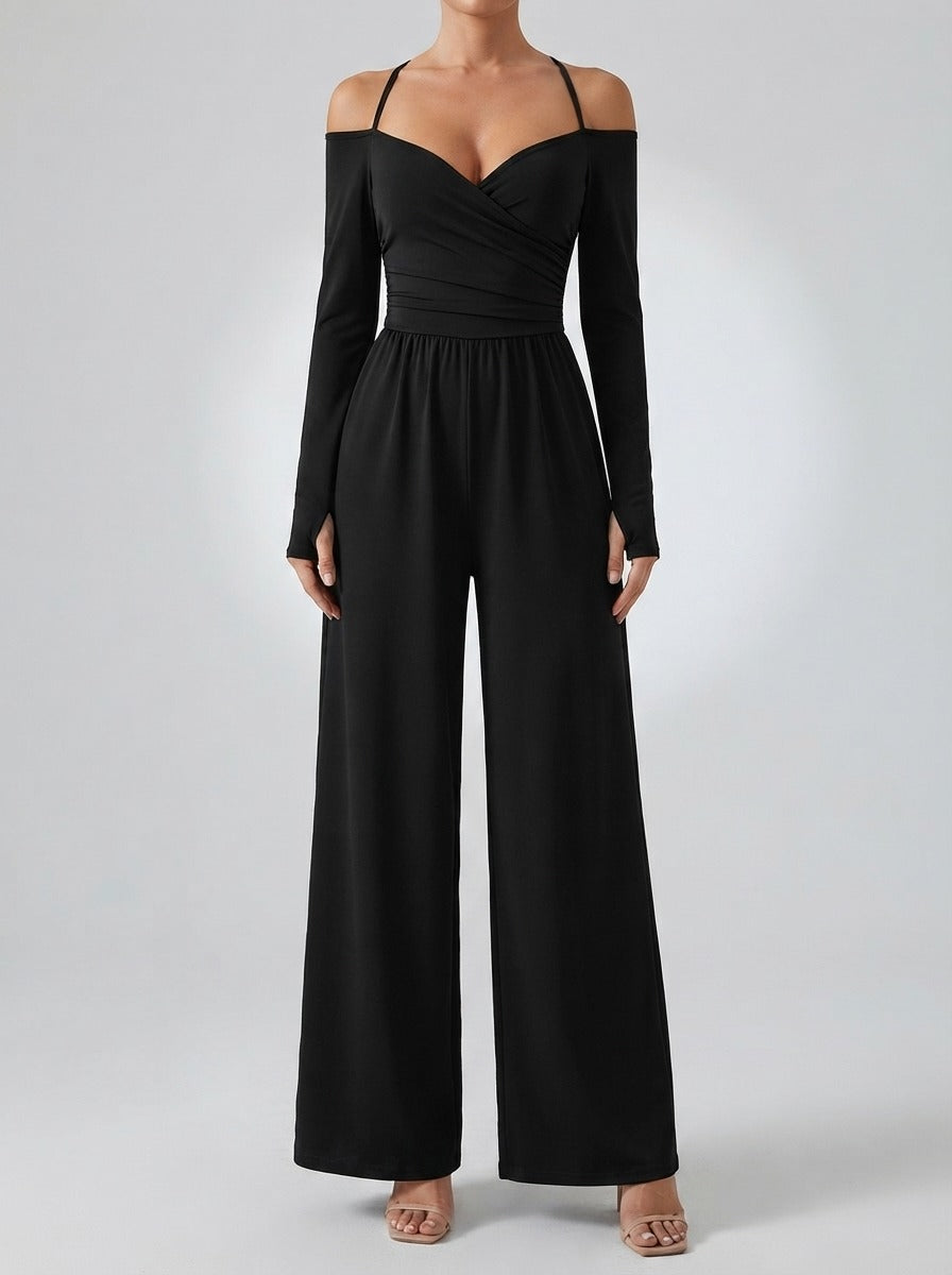 Women's Off-Shoulder Wide Leg Jumpsuit with Wrap V-Neck