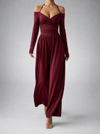 Women's Off-Shoulder Wide Leg Jumpsuit with Wrap V-Neck