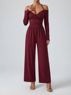 Women's Off-Shoulder Wide Leg Jumpsuit with Wrap V-Neck