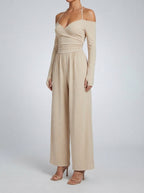 Women's Off-Shoulder Wide Leg Jumpsuit with Wrap V-Neck
