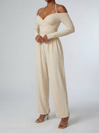 Women's Off-Shoulder Wide Leg Jumpsuit with Wrap V-Neck