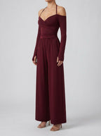 Women's Off-Shoulder Wide Leg Jumpsuit with Wrap V-Neck