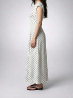 Women's Polka Dot A-Line Maxi Dress with Cap Sleeve and Round Neck