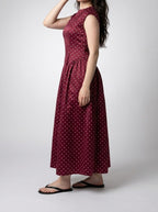 Women's Polka Dot A-Line Maxi Dress with Cap Sleeve and Round Neck