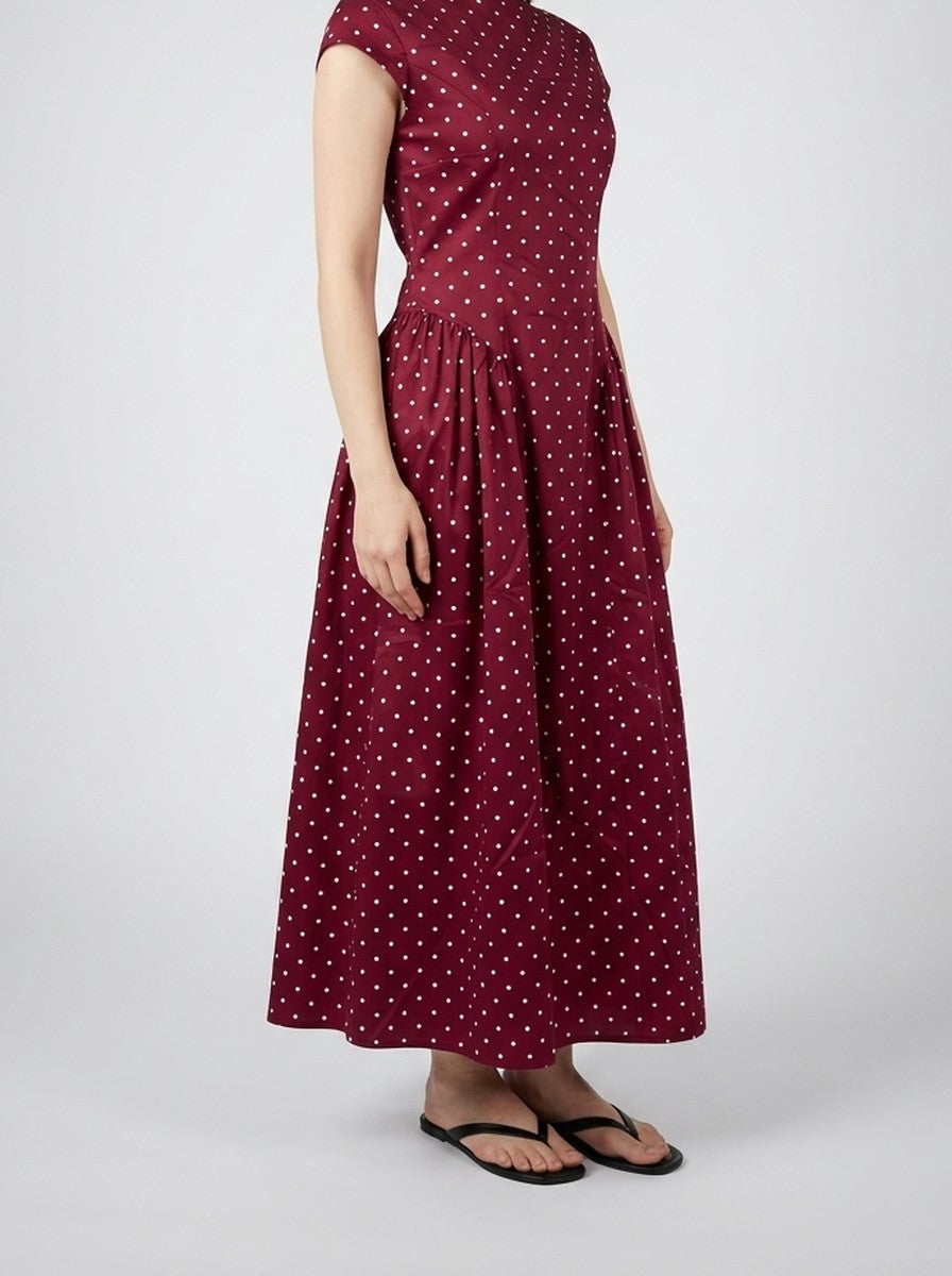 Women's Polka Dot A-Line Maxi Dress with Cap Sleeve and Round Neck