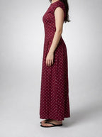 Women's Polka Dot A-Line Maxi Dress with Cap Sleeve and Round Neck