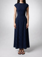 Women's Polka Dot A-Line Maxi Dress with Cap Sleeve and Round Neck