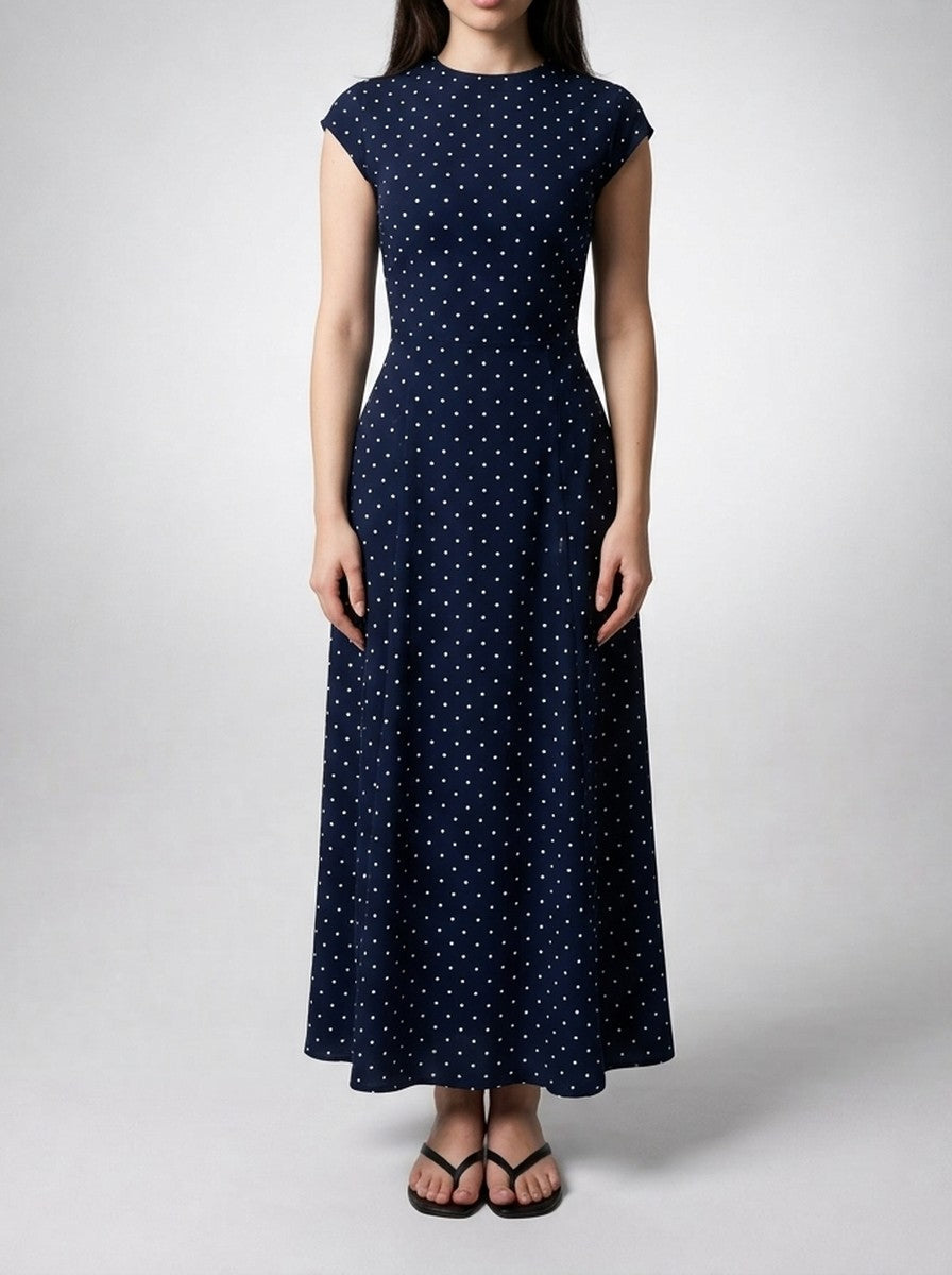 Women's Polka Dot A-Line Maxi Dress with Cap Sleeve and Round Neck