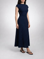 Women's Polka Dot A-Line Maxi Dress with Cap Sleeve and Round Neck