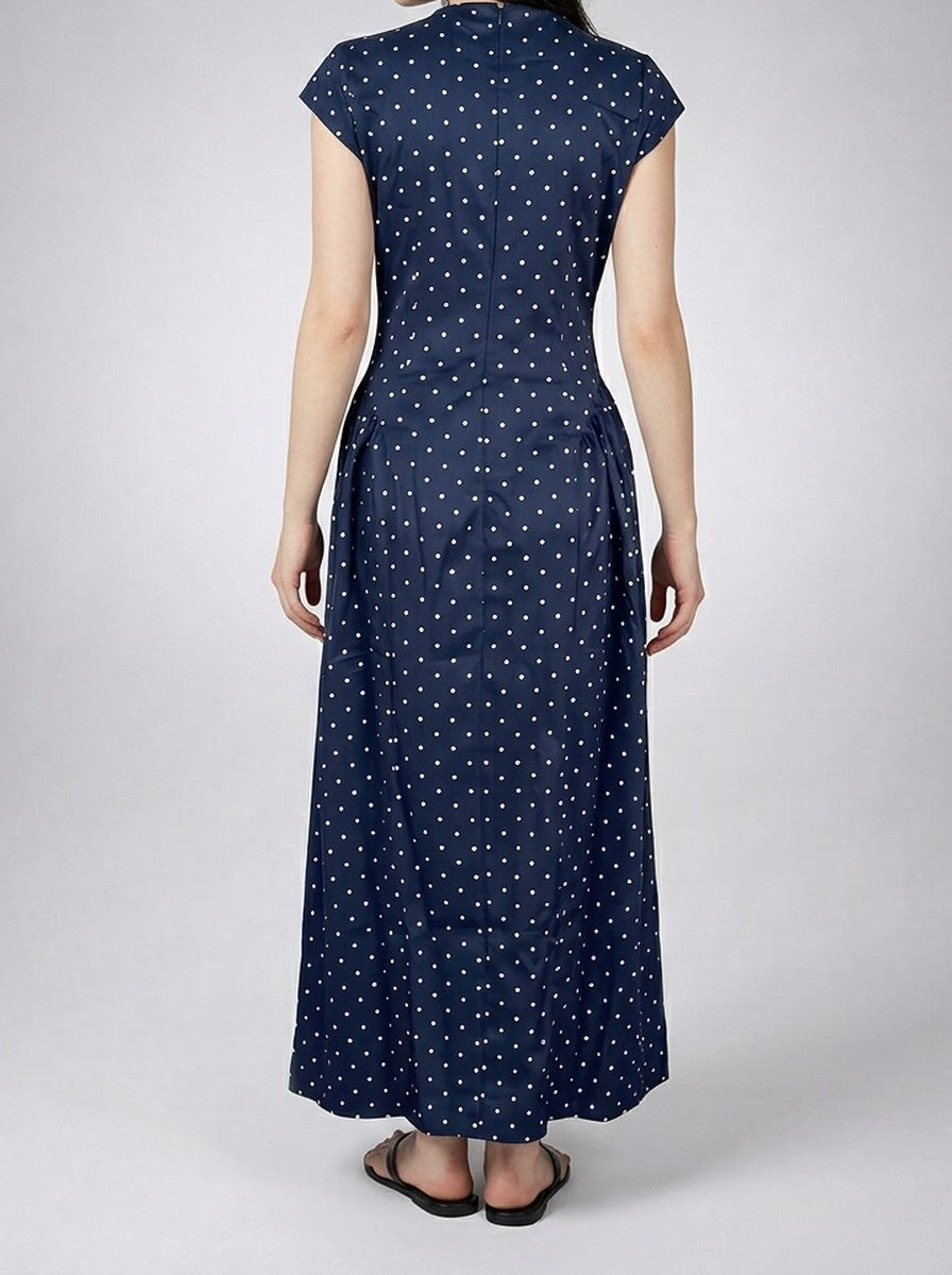 Women's Polka Dot A-Line Maxi Dress with Cap Sleeve and Round Neck