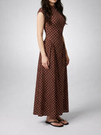 Women's Polka Dot A-Line Maxi Dress with Cap Sleeve and Round Neck