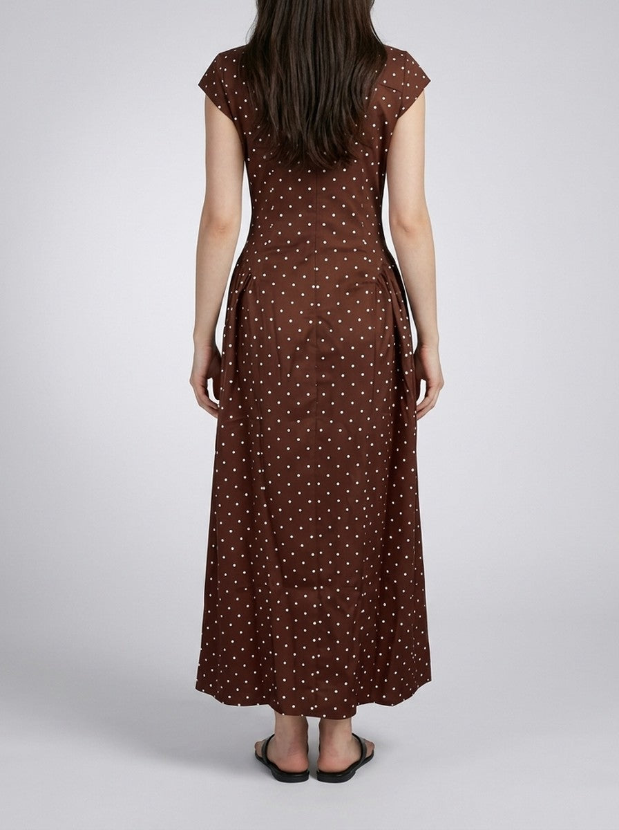 Women's Polka Dot A-Line Maxi Dress with Cap Sleeve and Round Neck