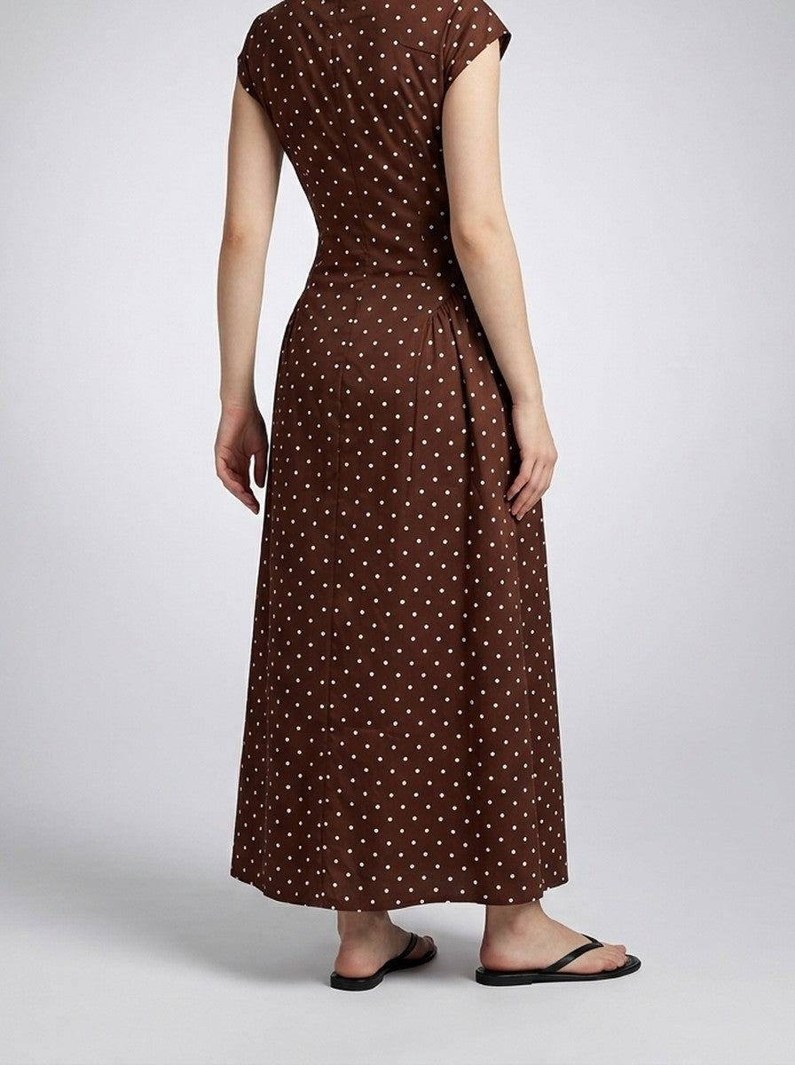 Women's Polka Dot A-Line Maxi Dress with Cap Sleeve and Round Neck