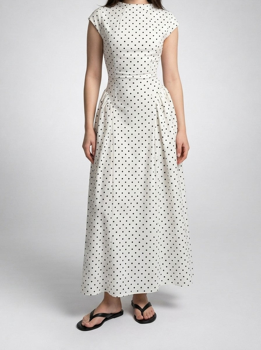 Women's Polka Dot A-Line Maxi Dress with Cap Sleeve and Round Neck