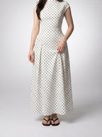 Women's Polka Dot A-Line Maxi Dress with Cap Sleeve and Round Neck