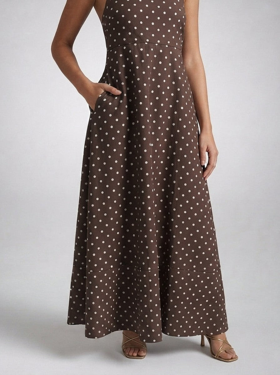 Women's Polka Dot Maxi Dress with Spaghetti Straps and Square Neck