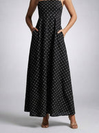 Women's Polka Dot Maxi Dress with Spaghetti Straps and Square Neck