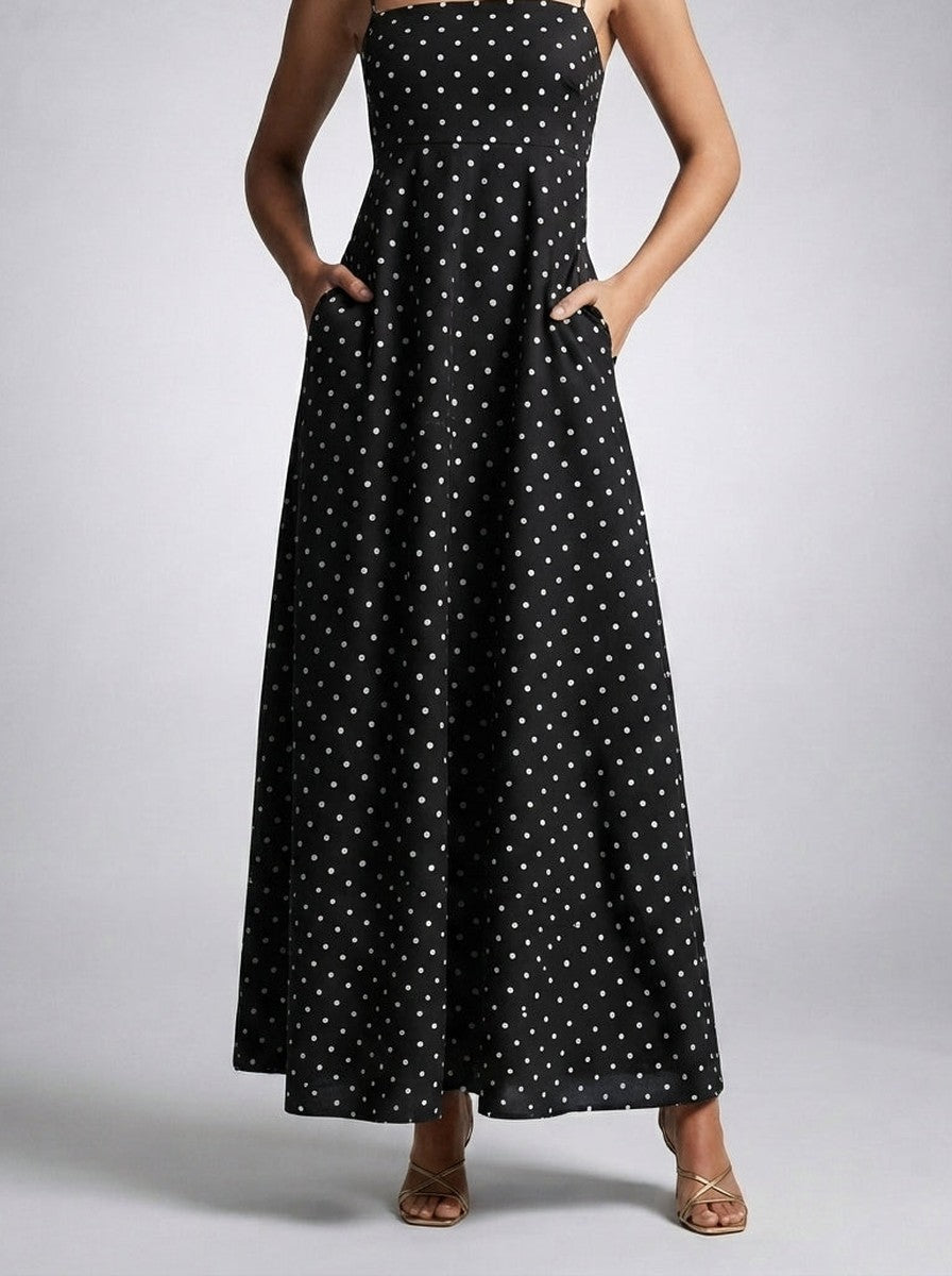 Women's Polka Dot Maxi Dress with Spaghetti Straps and Square Neck