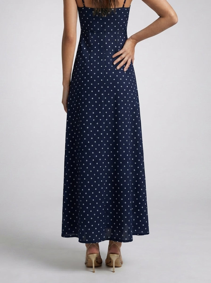 Women's Polka Dot Maxi Dress with Spaghetti Straps and Square Neck