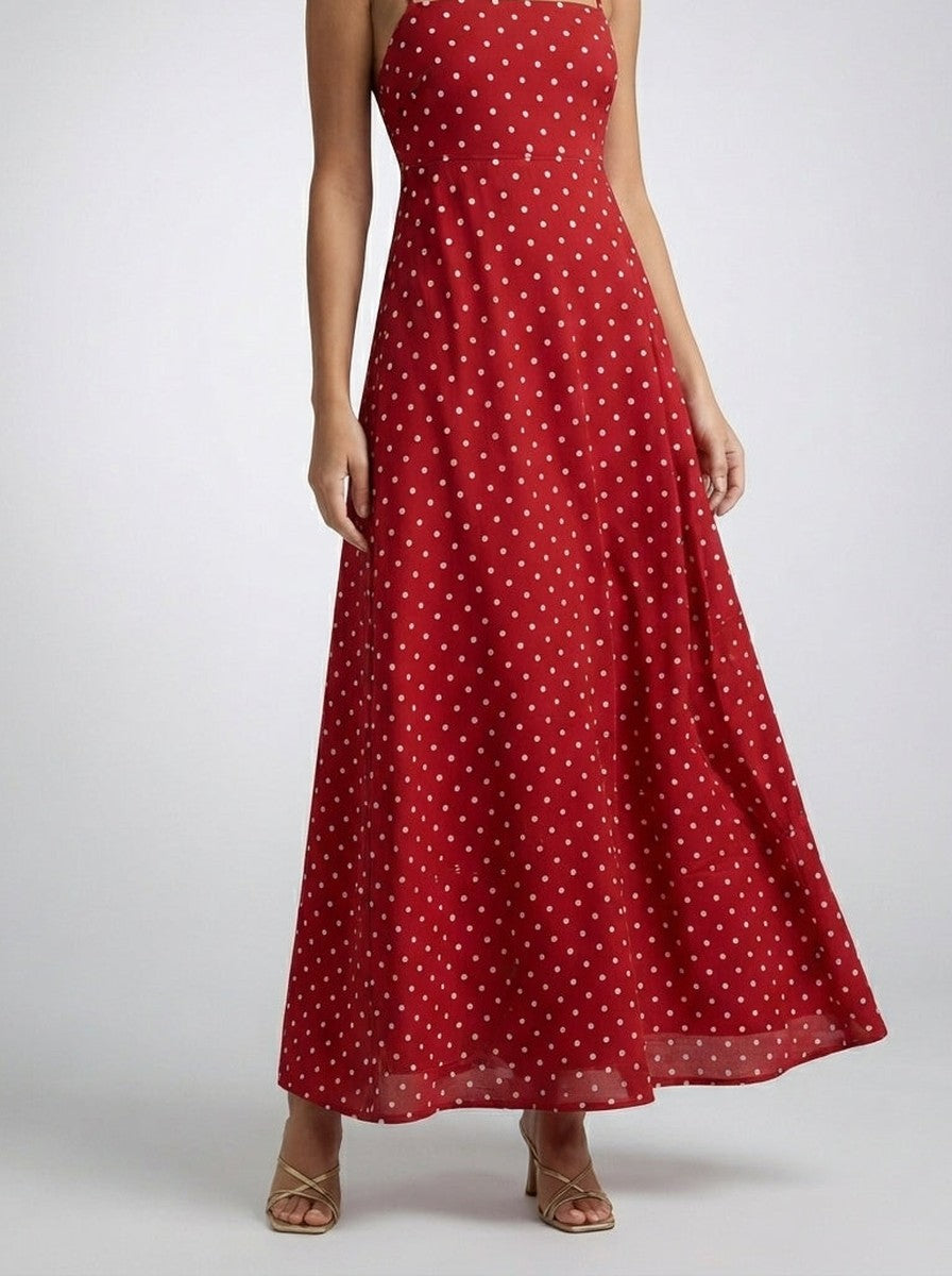 Women's Polka Dot Maxi Dress with Spaghetti Straps and Square Neck