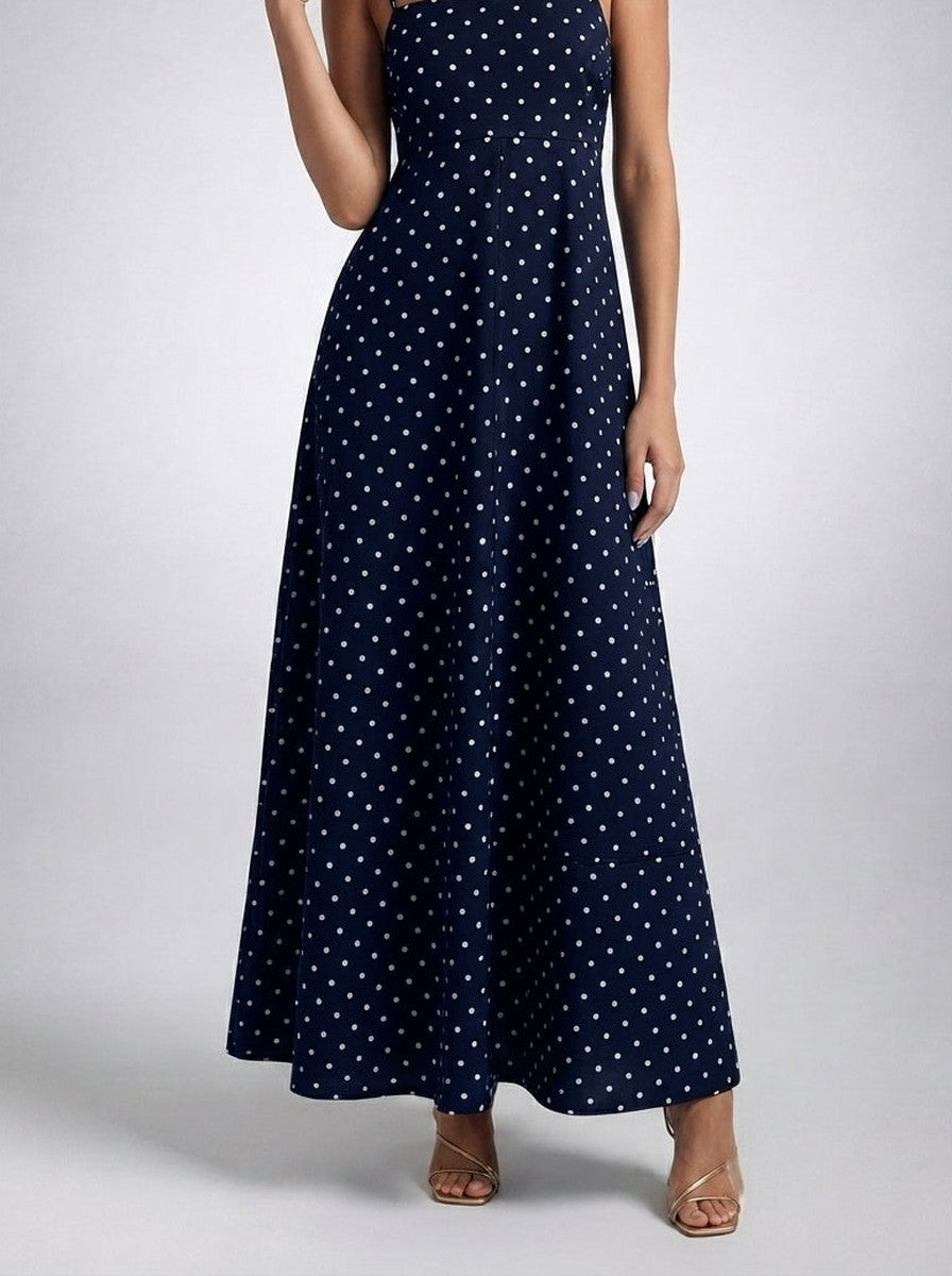Women's Polka Dot Maxi Dress with Spaghetti Straps and Square Neck