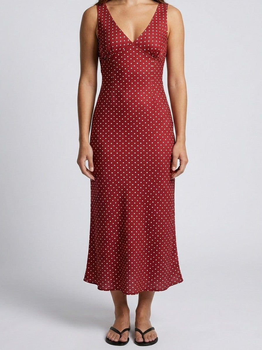 Women's Polka Dot Sleeveless Maxi Dress with V-Neck