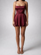 Women's Satin Cowl Neck Spaghetti Strap Cocktail Wedding Guest Mini Dress