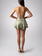 Women's Satin Cowl Neck Spaghetti Strap Cocktail Wedding Guest Mini Dress