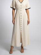 Women's Short Sleeve A-Line Wedding Guest Maxi Dress with Button Front