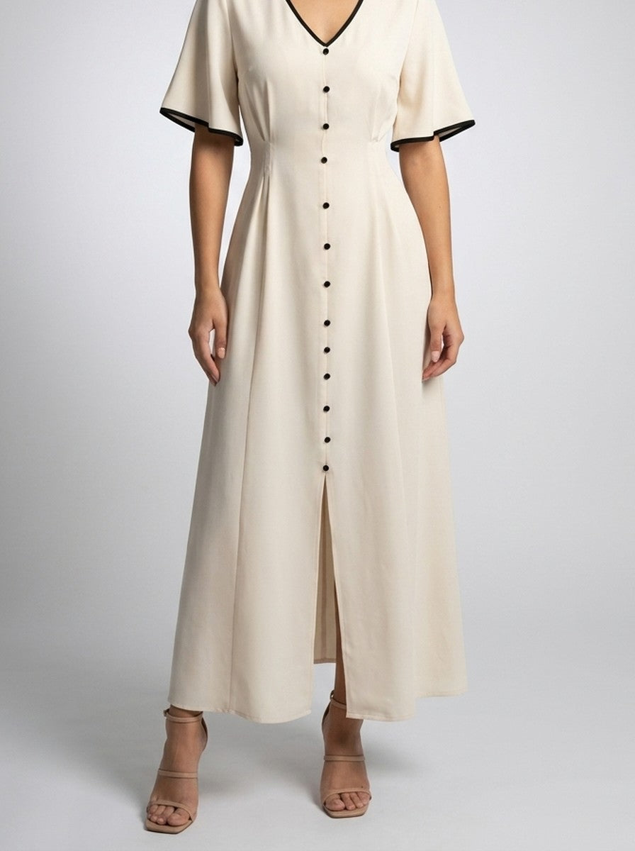 Women's Short Sleeve A-Line Wedding Guest Maxi Dress with Button Front