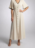 Women's Short Sleeve A-Line Wedding Guest Maxi Dress with Button Front