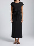 Women's Short Sleeve Midi Dress with Drawstring Waist and Round Neck