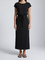 Women's Short Sleeve Midi Dress with Drawstring Waist and Round Neck