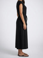 Women's Short Sleeve Midi Dress with Drawstring Waist and Round Neck