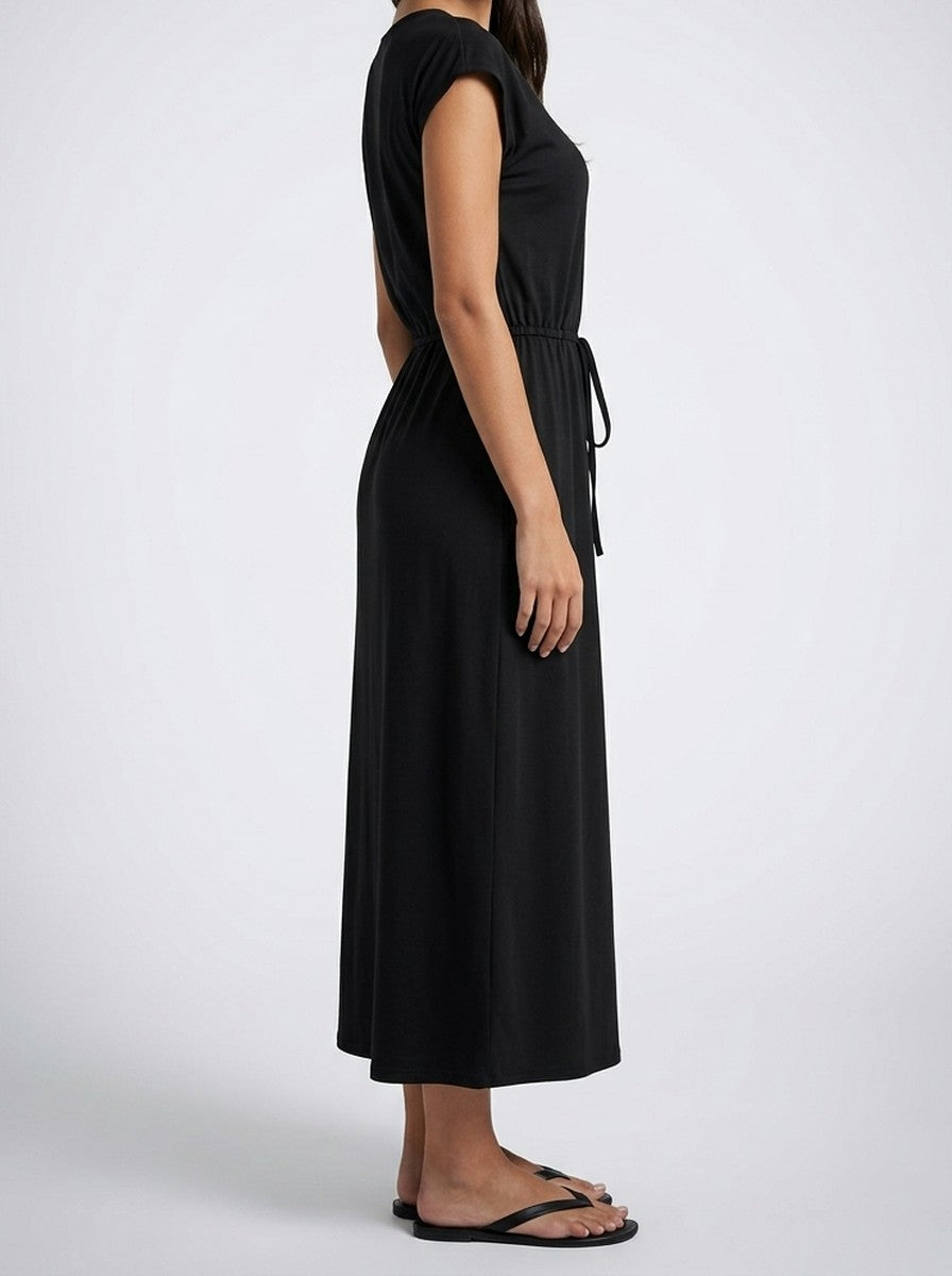 Women's Short Sleeve Midi Dress with Drawstring Waist and Round Neck