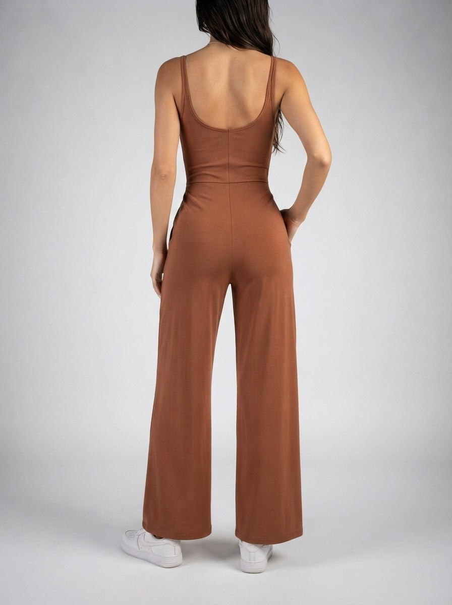 Women's Square Neck Wide Leg Jumpsuit with Pockets