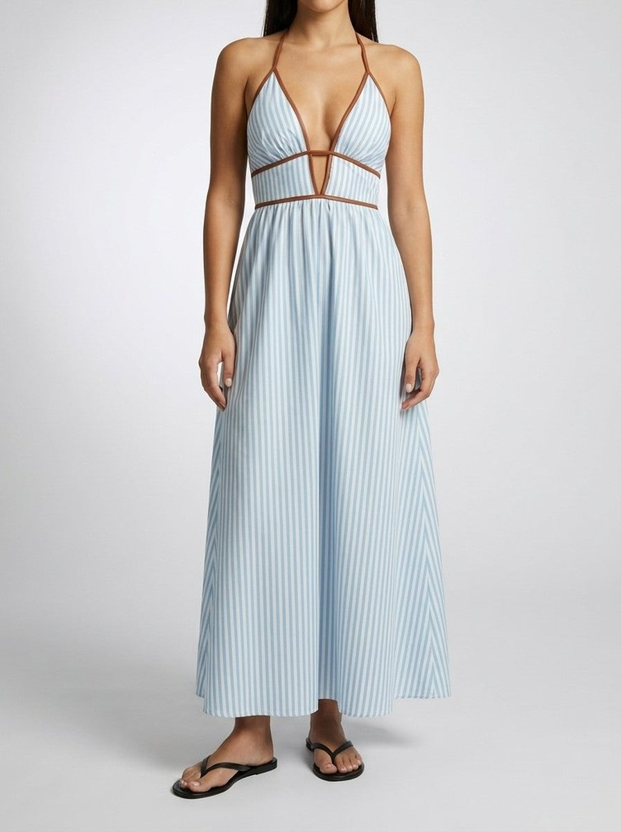 Women's Striped Halter Neck Summer Maxi Dress