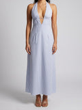 Women's Striped Halter Sleeveless Wedding Guest Maxi Dress with V-Neck