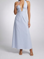 Women's Striped Halter Sleeveless Wedding Guest Maxi Dress with V-Neck