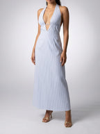 Women's Striped Halter Sleeveless Wedding Guest Maxi Dress with V-Neck
