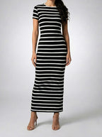 Women's Striped Short Sleeve Bodycon Occasion Maxi Dress with Crew Neck