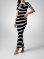 Women's Striped Short Sleeve Bodycon Occasion Maxi Dress with Crew Neck