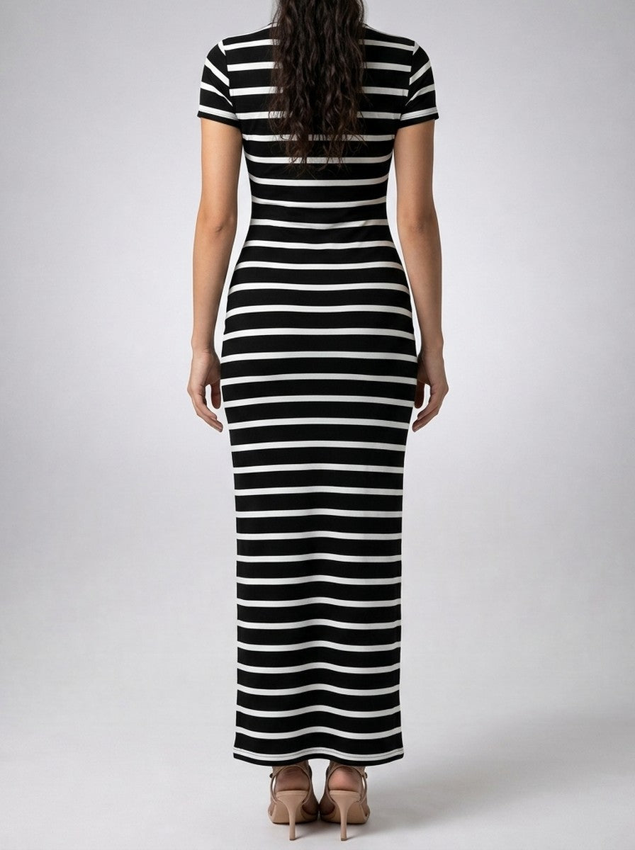 Women's Striped Short Sleeve Bodycon Occasion Maxi Dress with Crew Neck