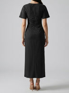 Women's Striped Short Sleeve Ruched Wedding Guest Maxi Dress with Boat Neck