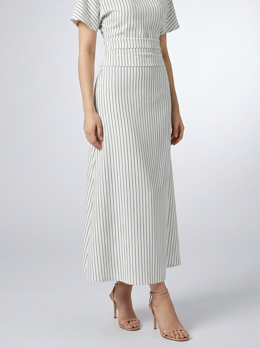 Women's Striped Short Sleeve Ruched Wedding Guest Maxi Dress with Boat Neck