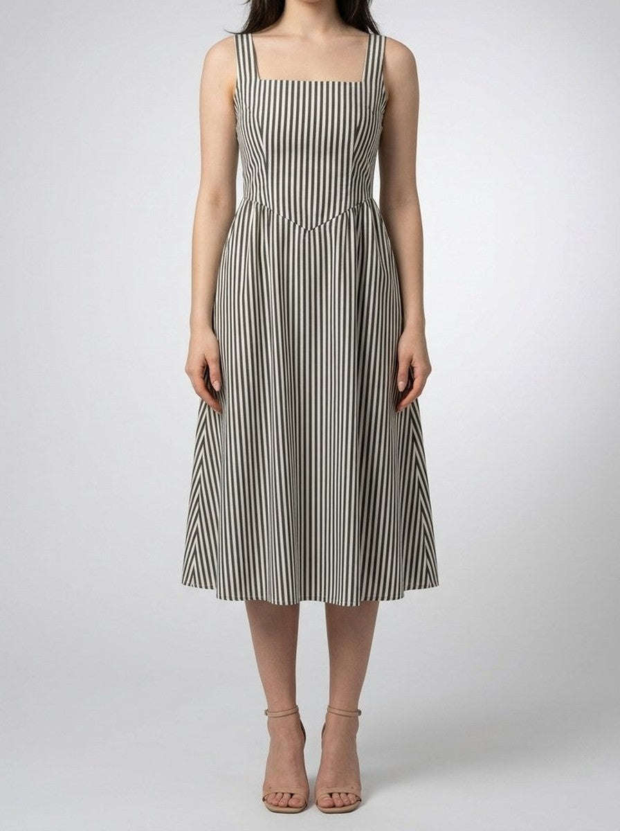 Women's Striped Square Neck Sleeveless Midi Dress