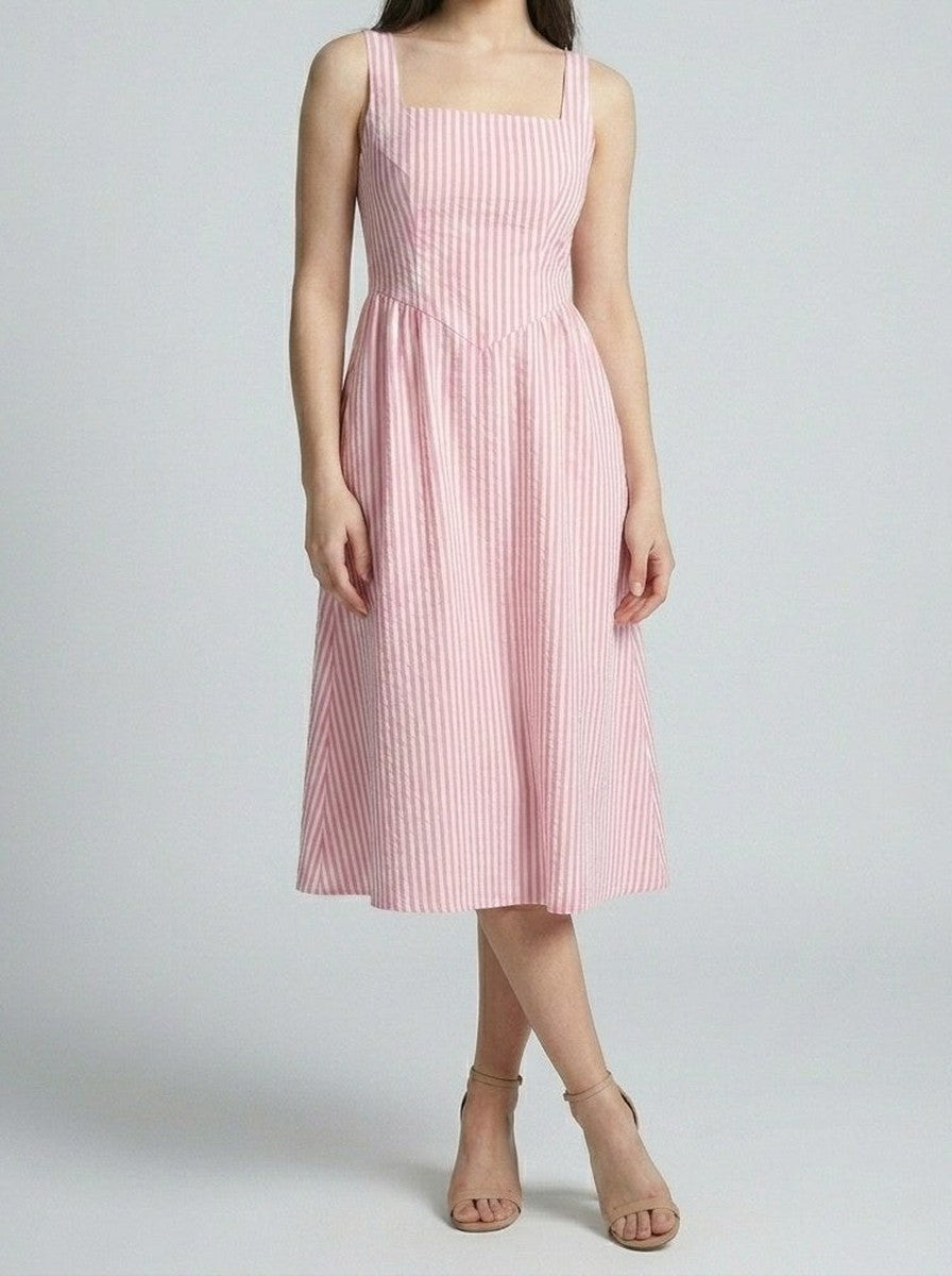 Women's Striped Square Neck Sleeveless Midi Dress