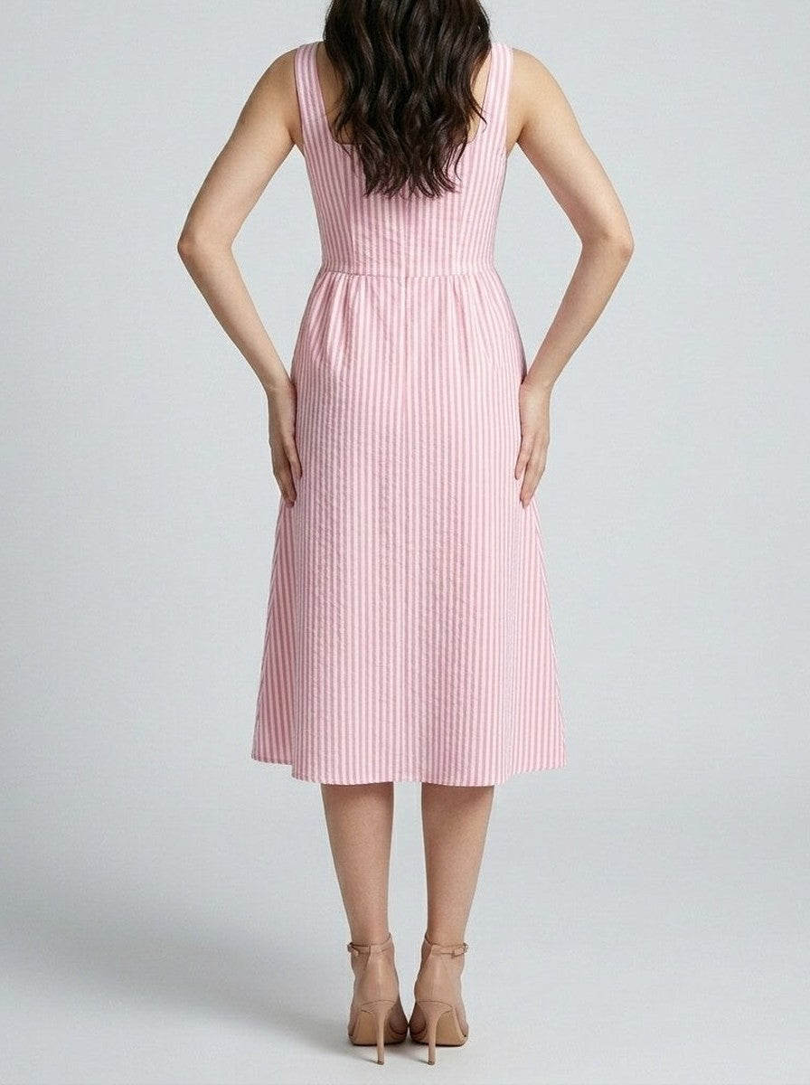 Women's Striped Square Neck Sleeveless Midi Dress
