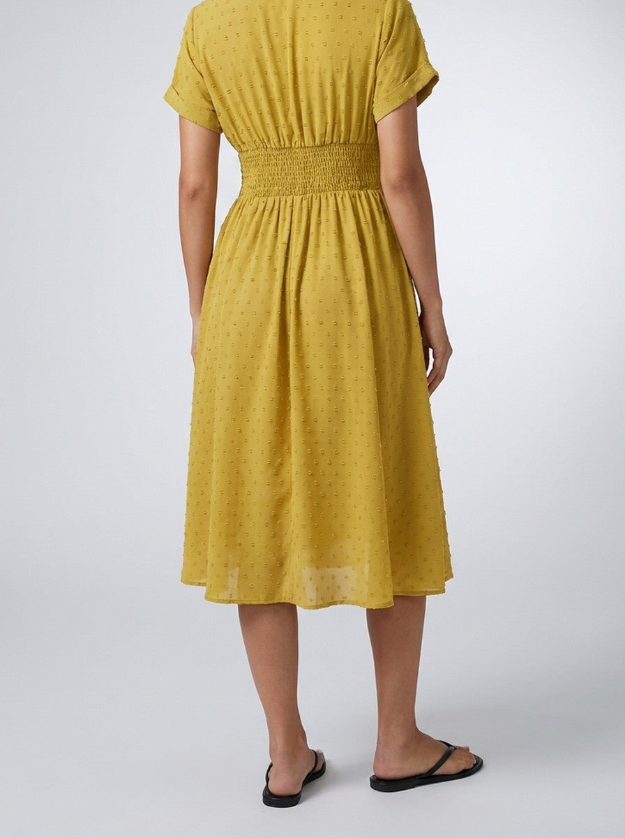 Women's Swiss Dot Short Sleeve Shirred Waist Midi Dress with V-Neck